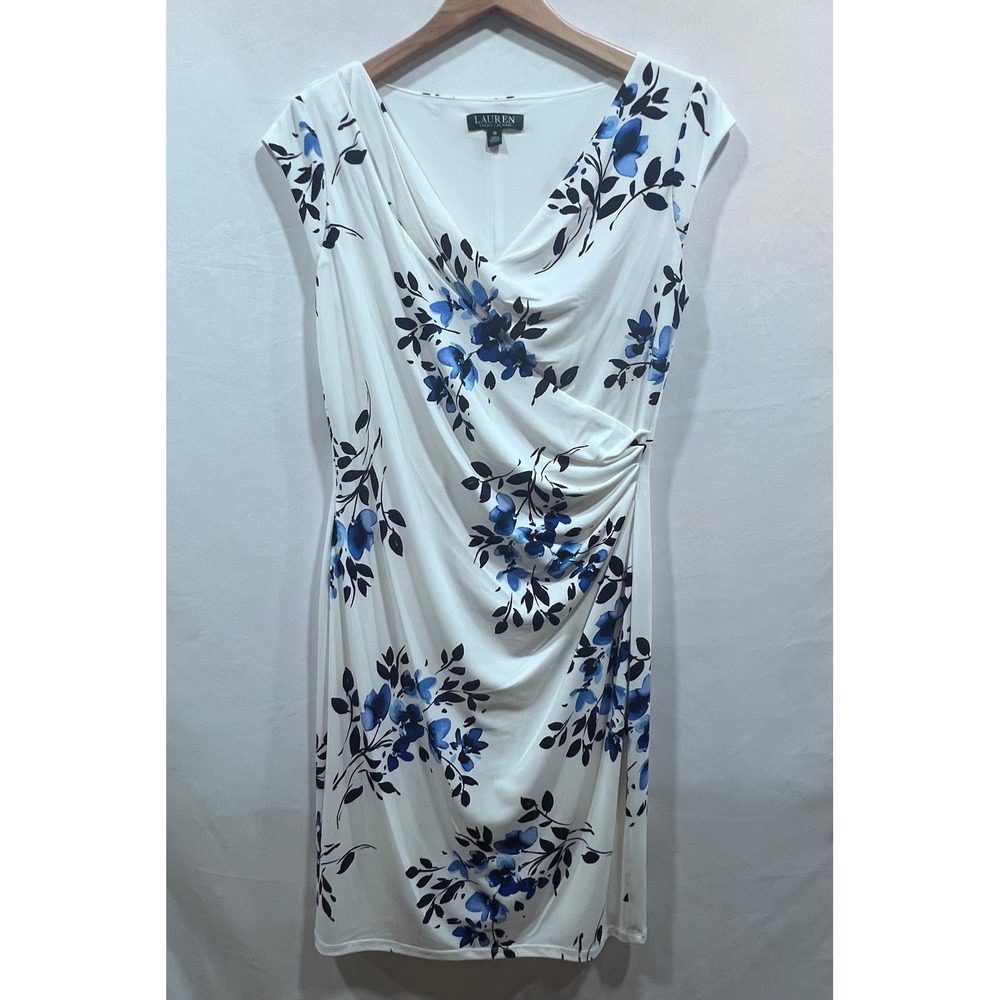 Lauren‎ Ralph Lauren Blue White Floral Cowl Neck Ruched Sheath Dress Size 10